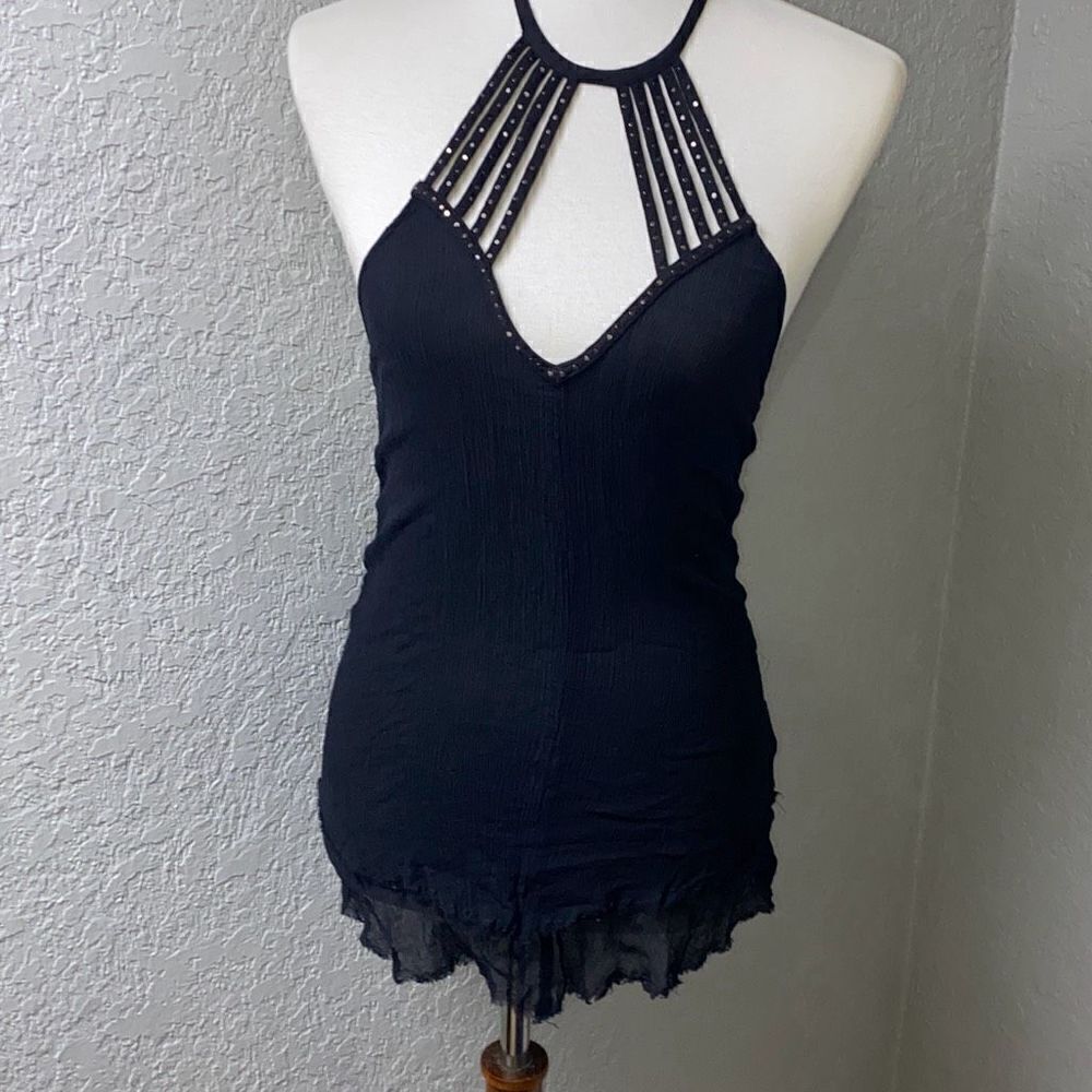 Anthropologie Pins & and Needles black rough hem tank shirt halter S